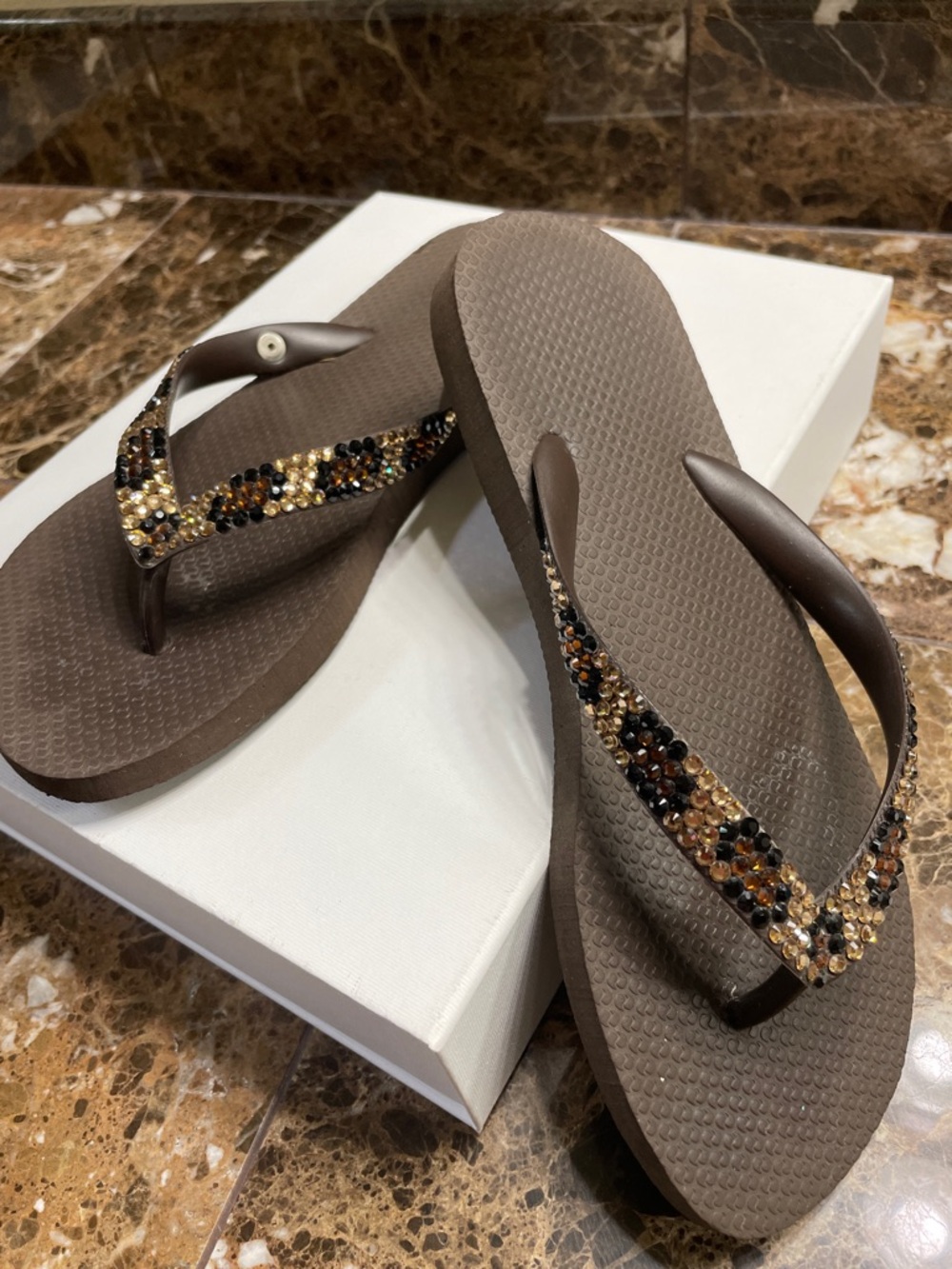 Havianas Brown Crystal-Embellished Flip Flop Sandals Size 39-40